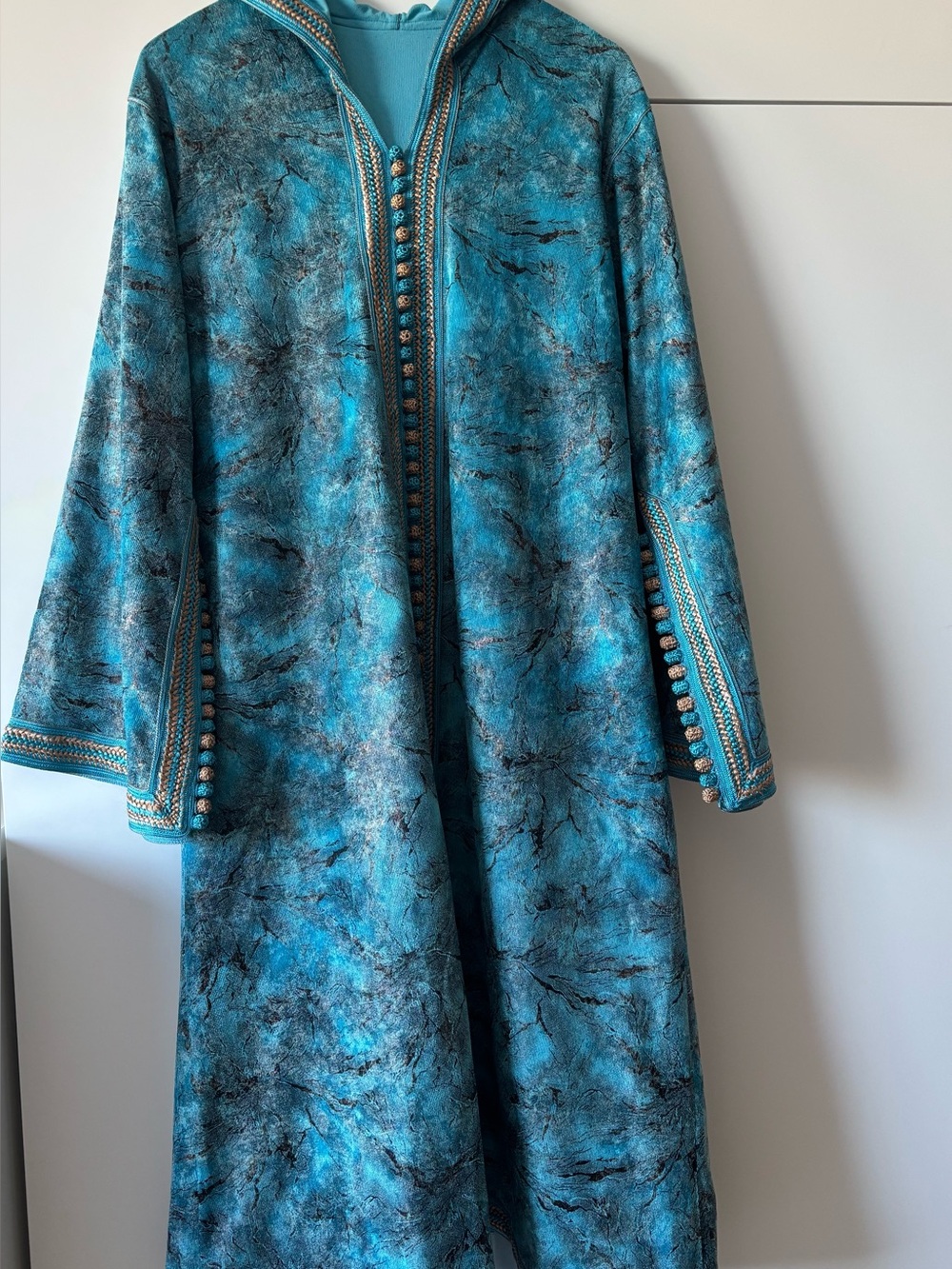 Authentic Moroccan Hooded Caftan, Turquoise Blue, Embroidered Cuffs.